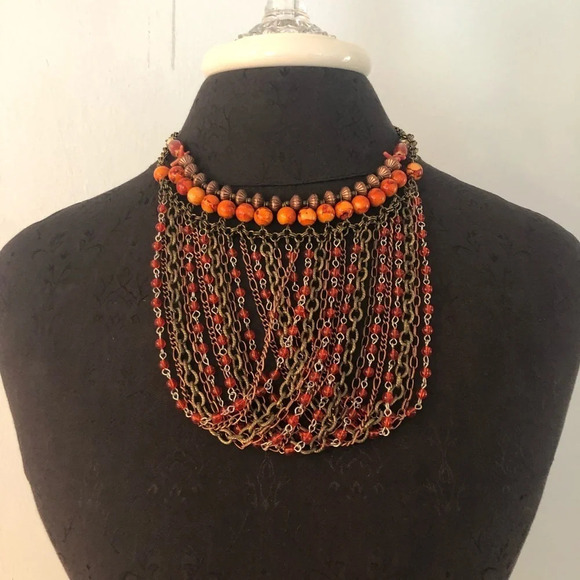 Vintage Jewelry - Vintage chain and bead yoke necklace orange gold